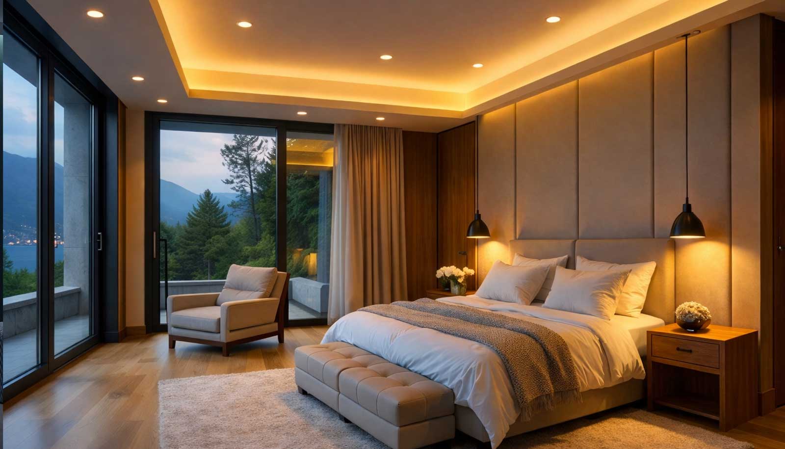 útulná ložnice s teplým osvětlením a lampičkami u postele