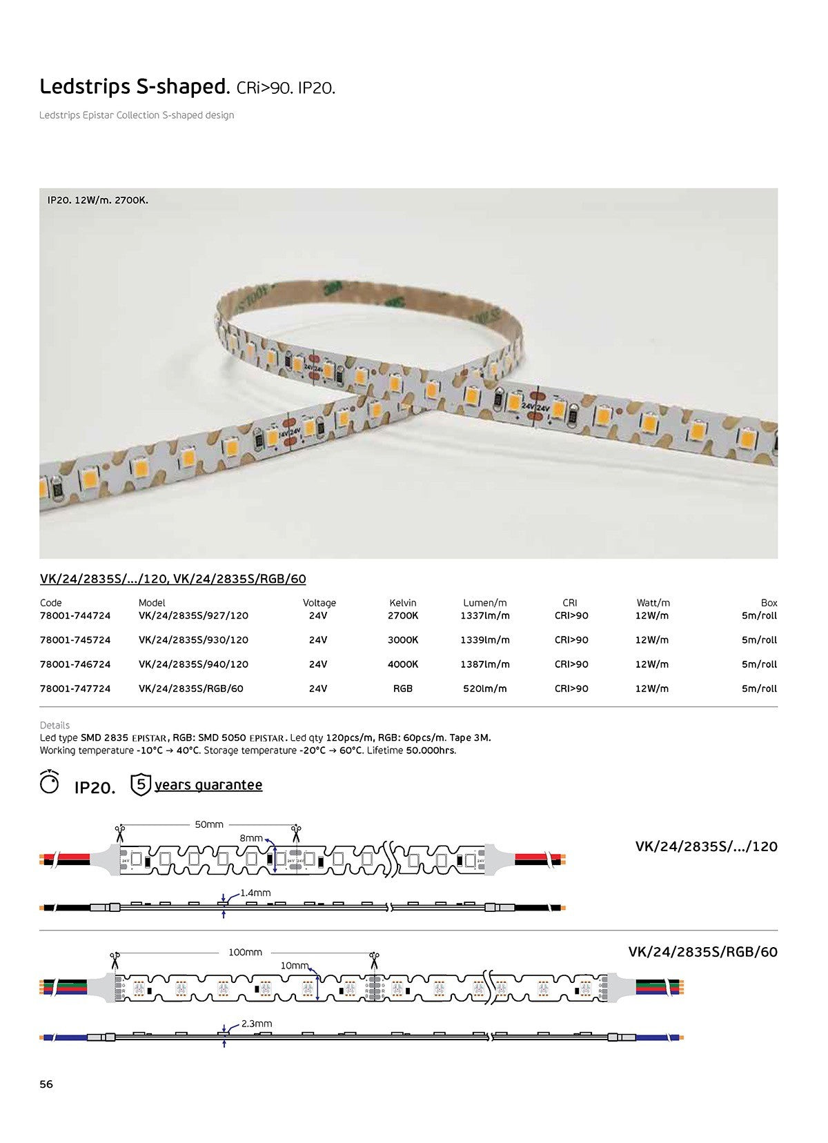 LED лента за странично осветление S-Type 24V CRI90 IP20 2700K (5m)