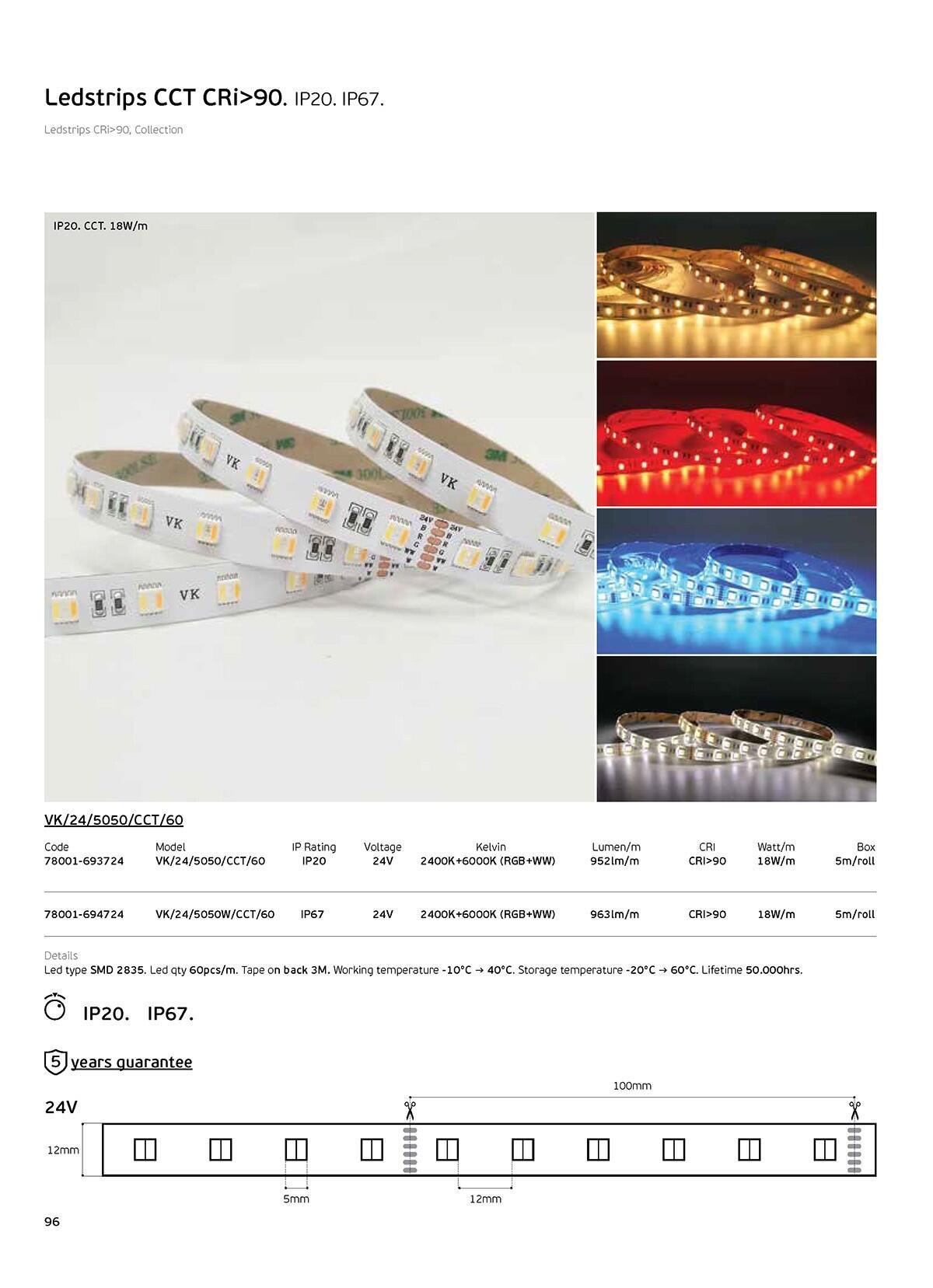 LED лента RGB+CCT 24V 18W/m CRI90 IP67 2400K–6000K (5m)