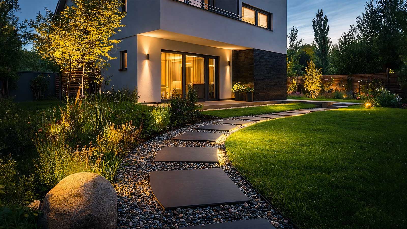 venkovní osvětlení zahrady a terasy u moderního domu