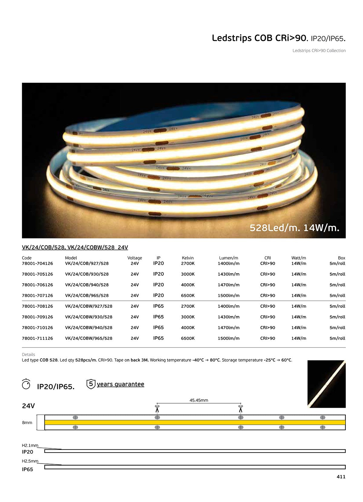 LED лента COB 24V CRI90 IP20 3000K/4000K с възможност за регулиране на яркостта (5 м)