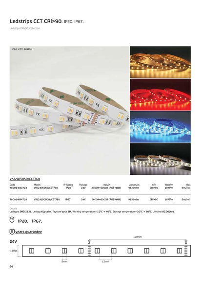 LED лента RGB+CCT 24V 18W/m CRI90 IP67 2400K–6000K (5m)